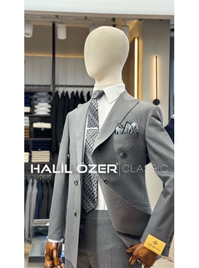 %88 Yün Çizgili Kruvaze Takım Elbise 