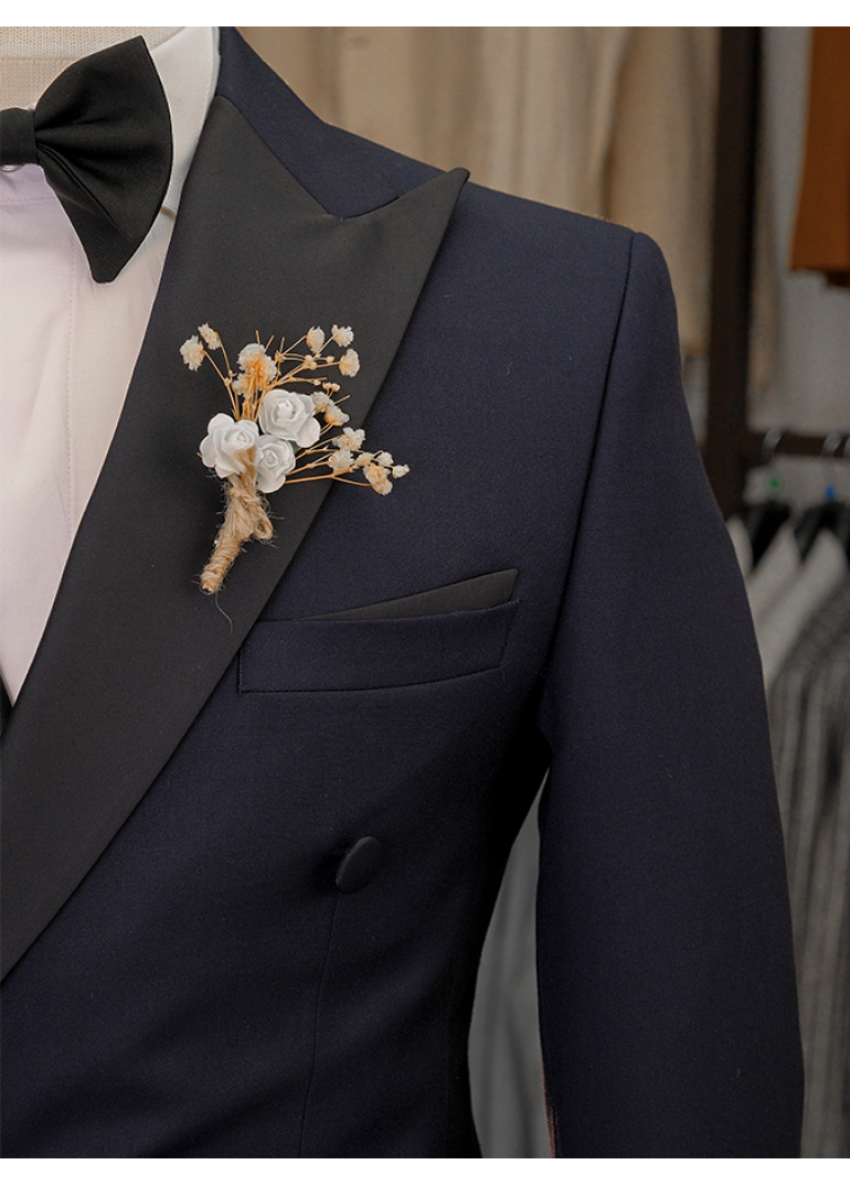 Lacivert Yaka Kruvaze Slim Fit Erkek Damatlık