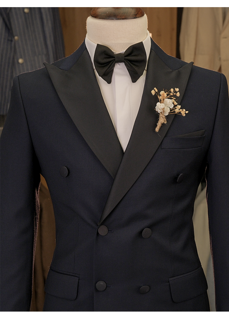 Lacivert Yaka Kruvaze Slim Fit Erkek Damatlık