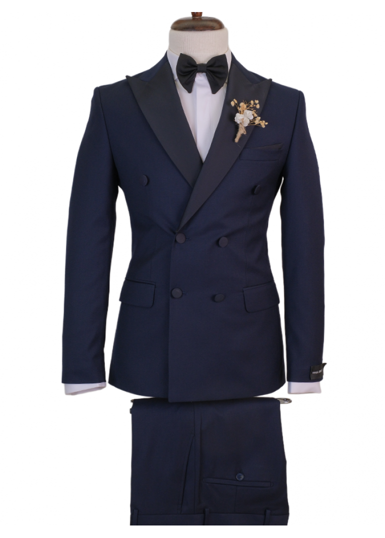 Lacivert Yaka Kruvaze Slim Fit Erkek Damatlık