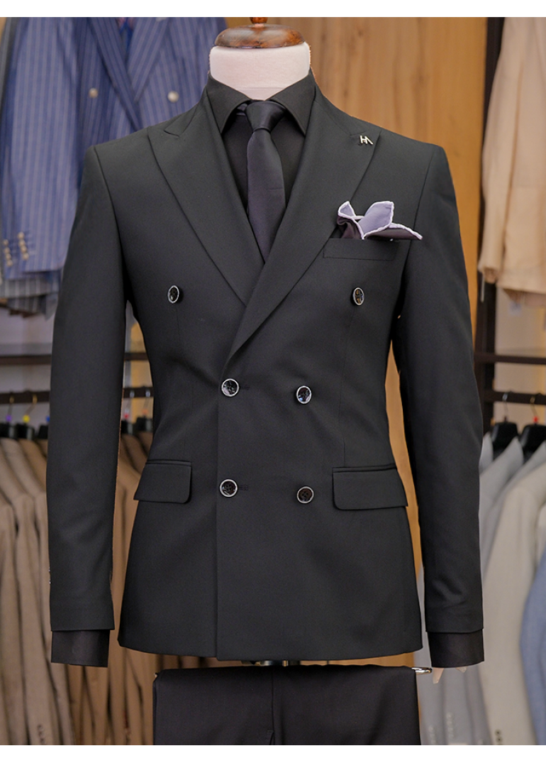 Yün Kruvaze Siyah Slim Fit Erkek Takım Elbise
