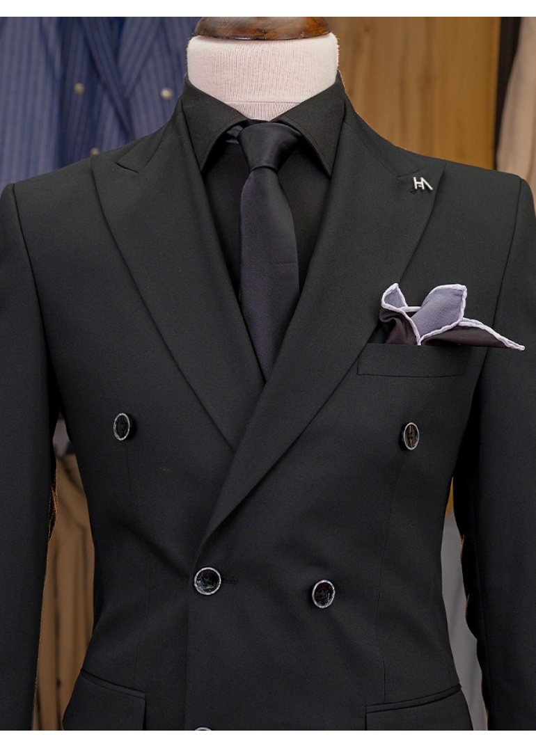 Yün Kruvaze Siyah Slim Fit Erkek Takım Elbise