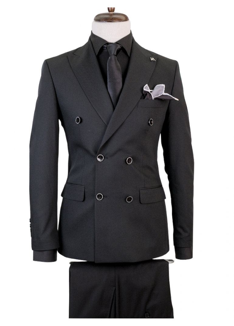 Yün Kruvaze Siyah Slim Fit Erkek Takım Elbise