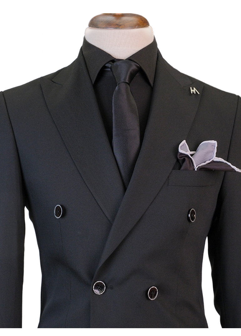 Yün Kruvaze Siyah Slim Fit Erkek Takım Elbise