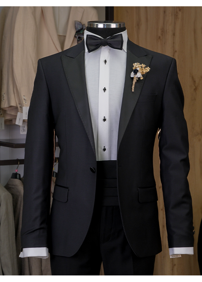 Siyah Slim Fit Smokin Damatlık Erkek Takım Elbise