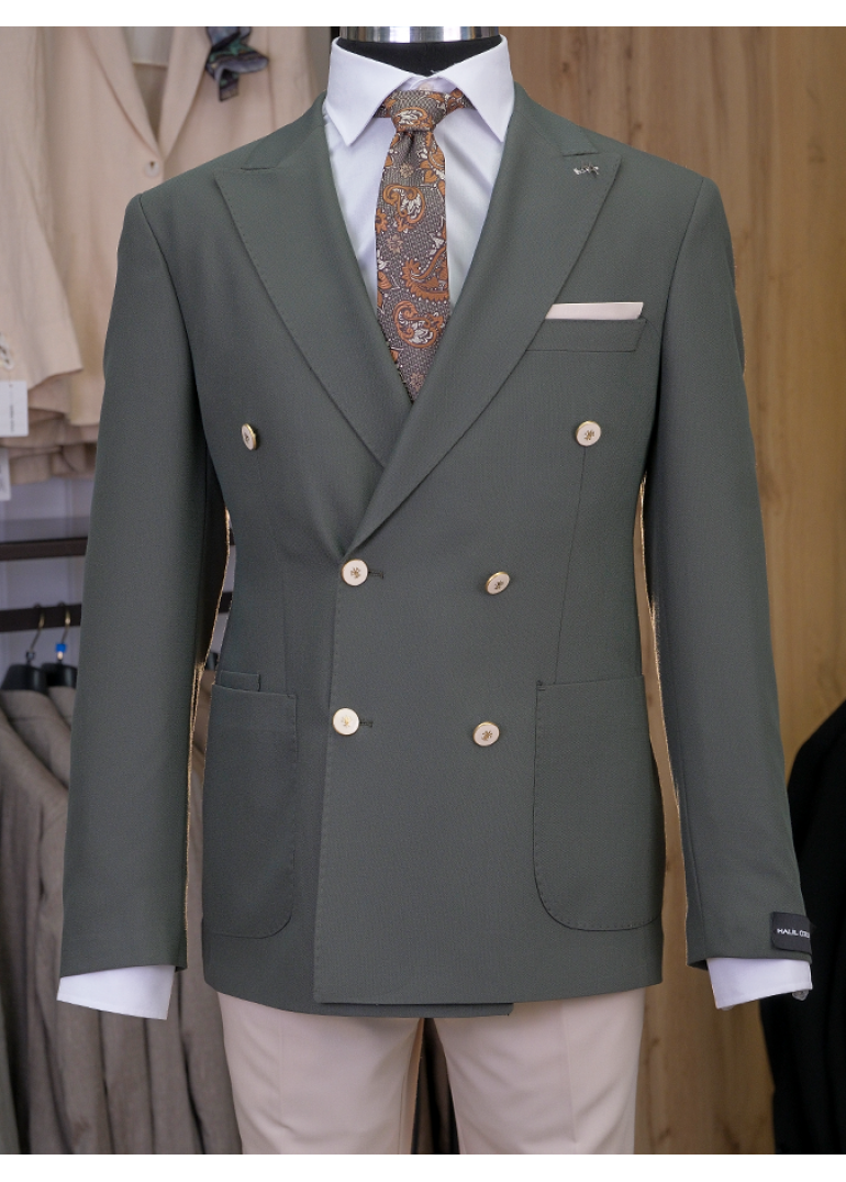 Kombinli Kruvaze Yeşil-Bej Slim Fit Erkek Takım Elbise