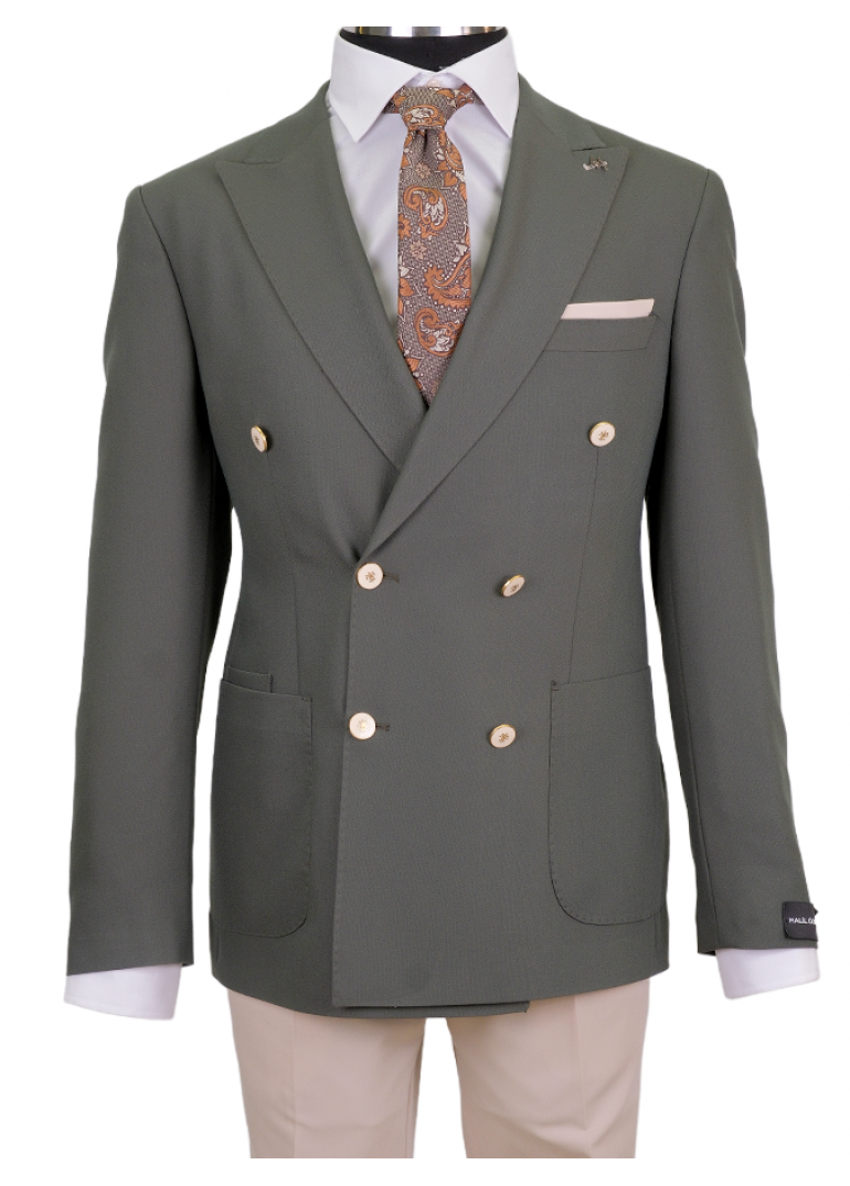 Kombinli Kruvaze Yeşil-Bej Slim Fit Erkek Takım Elbise