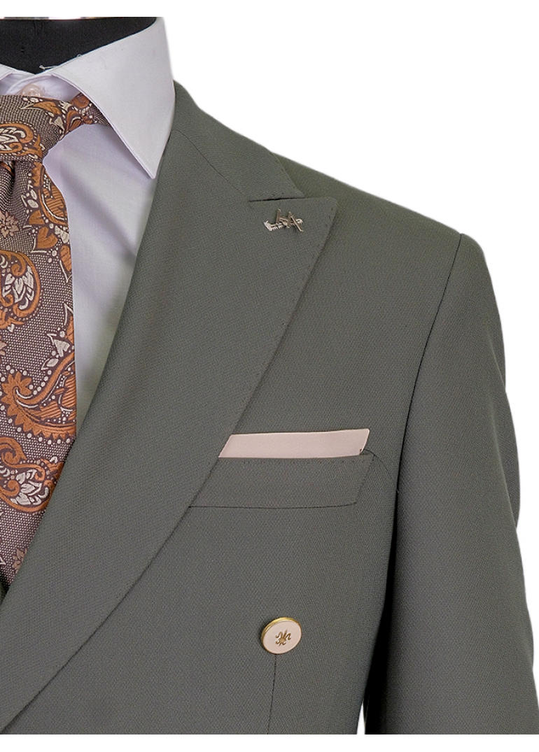 Kombinli Kruvaze Yeşil-Bej Slim Fit Erkek Takım Elbise