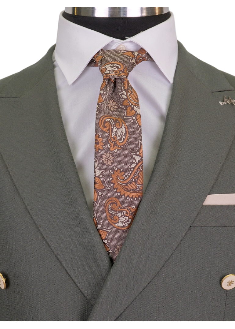 Kombinli Kruvaze Yeşil-Bej Slim Fit Erkek Takım Elbise