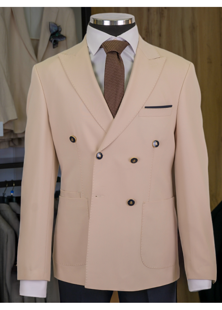 Kombinli Kruvaze Bej-Lacivert Slim Fit Erkek Takım Elbise