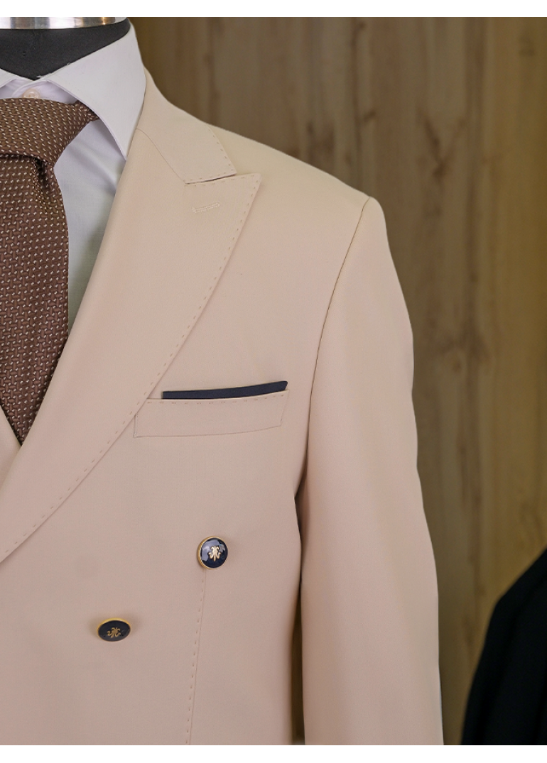 Kombinli Kruvaze Bej-Lacivert Slim Fit Erkek Takım Elbise