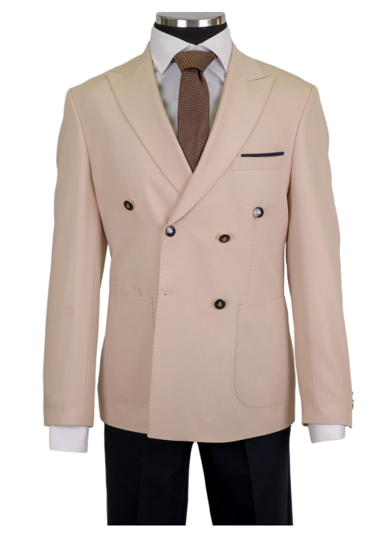 Kombinli Kruvaze Bej-Lacivert Slim Fit Erkek Takım Elbise