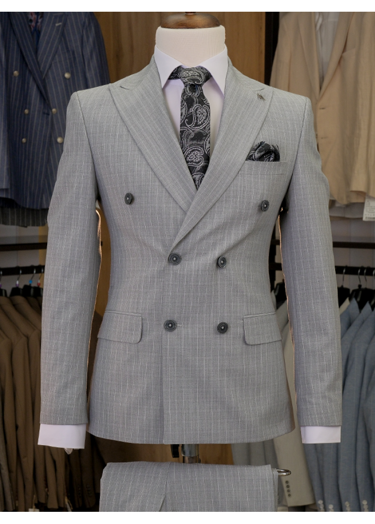 Çizgili Kruvaze Gri Slim Fit Erkek Takım Elbise