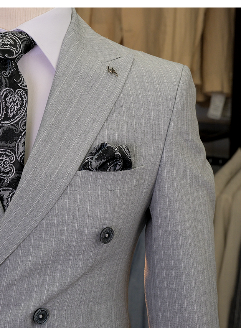 Çizgili Kruvaze Gri Slim Fit Erkek Takım Elbise