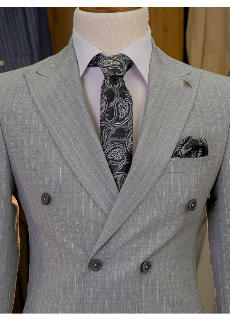 Çizgili Kruvaze Gri Slim Fit Erkek Takım Elbise