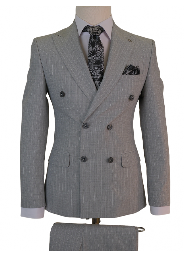 Çizgili Kruvaze Gri Slim Fit Erkek Takım Elbise