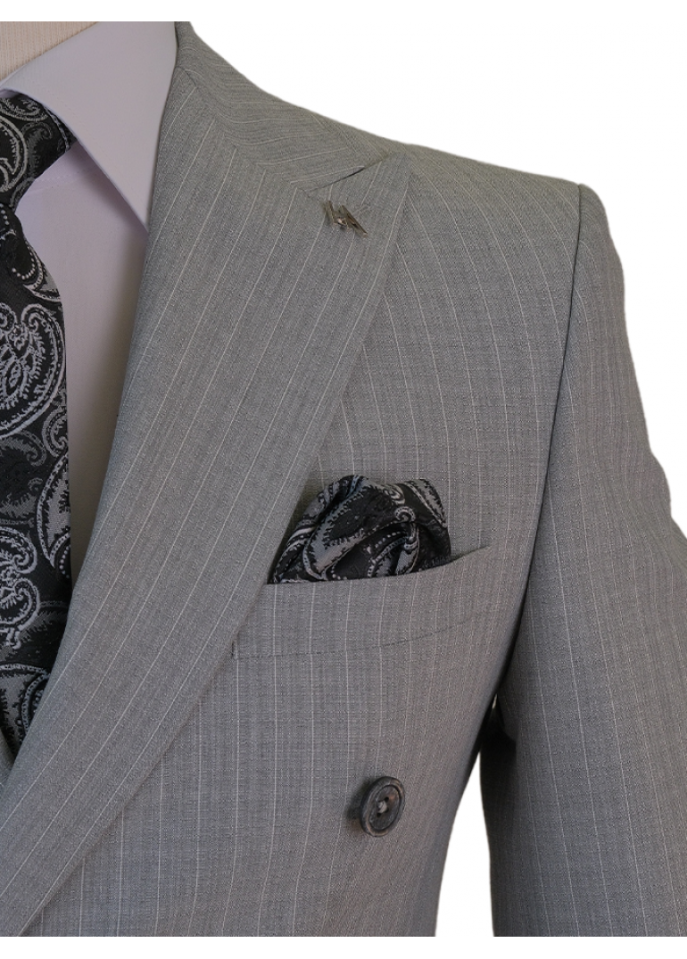 Çizgili Kruvaze Gri Slim Fit Erkek Takım Elbise
