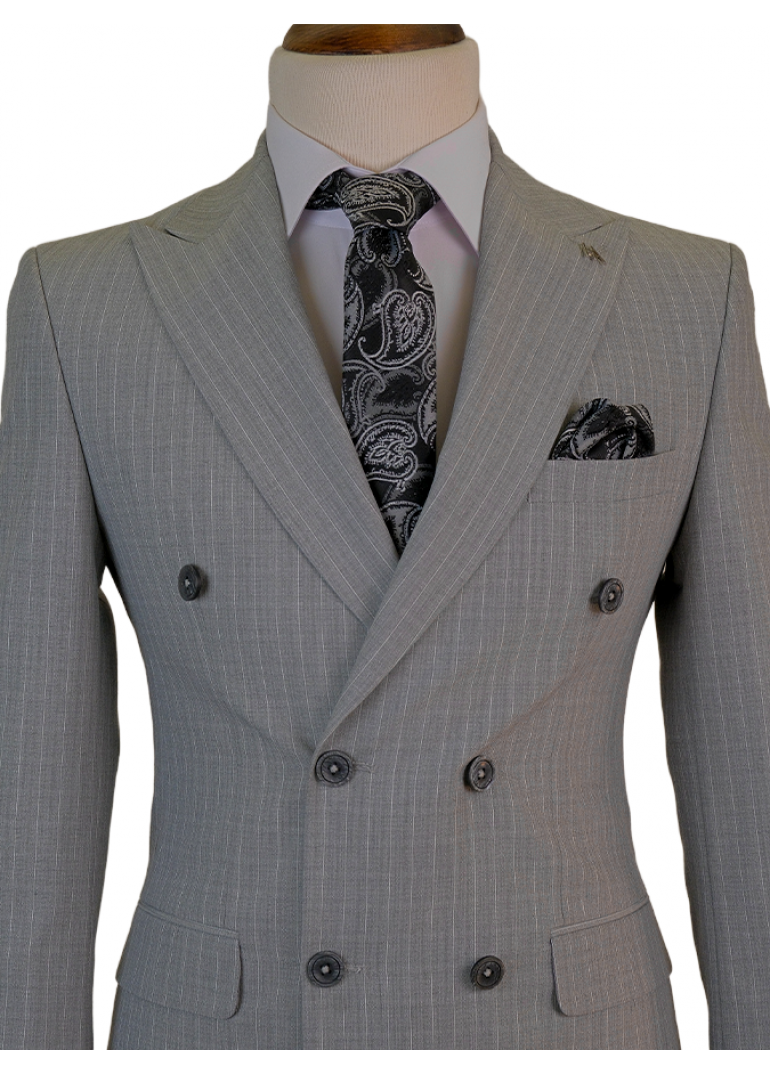 Çizgili Kruvaze Gri Slim Fit Erkek Takım Elbise