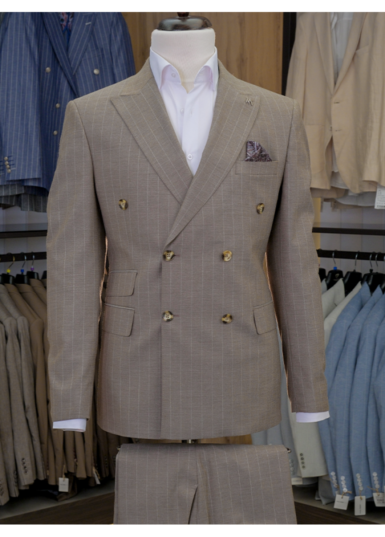 Çift Cep Çizgili Slim Fit Erkek Kruvaze Takım Elbise