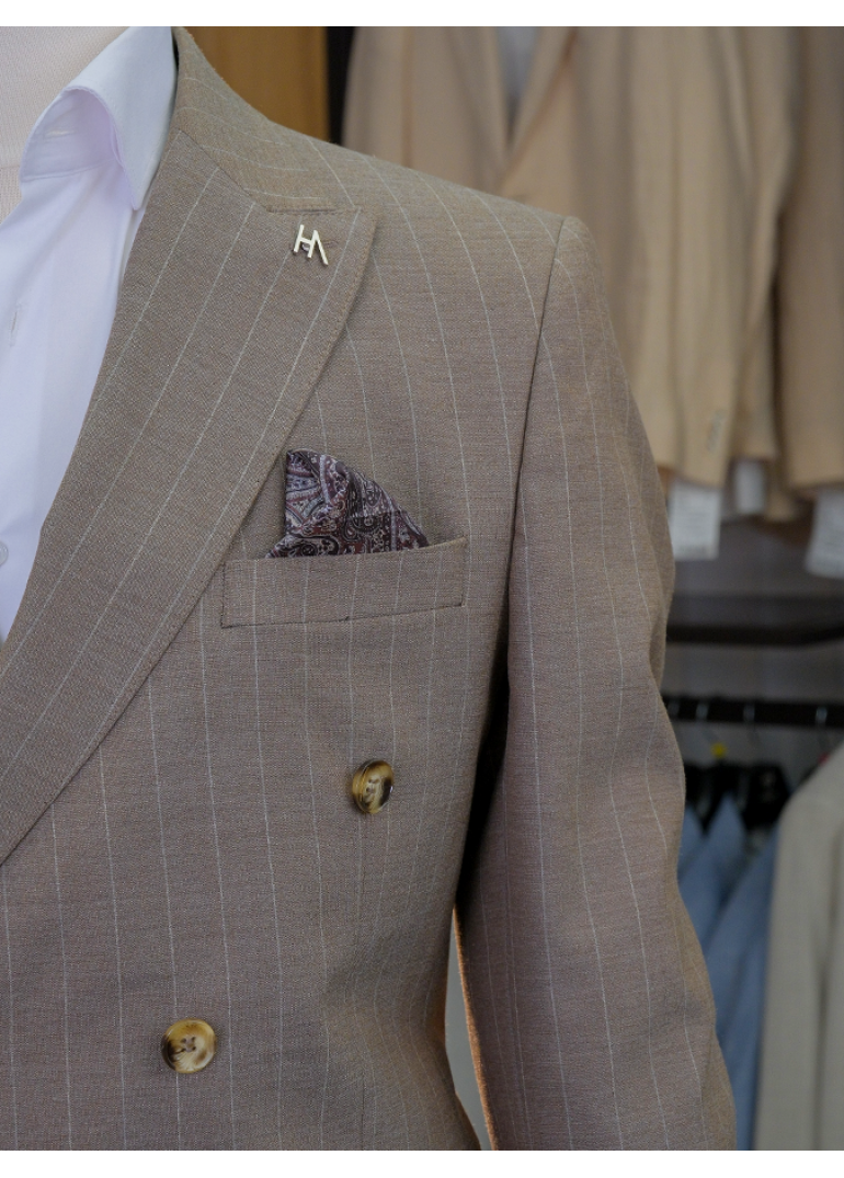 Çift Cep Çizgili Slim Fit Erkek Kruvaze Takım Elbise