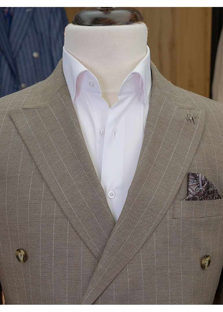 Çift Cep Çizgili Slim Fit Erkek Kruvaze Takım Elbise
