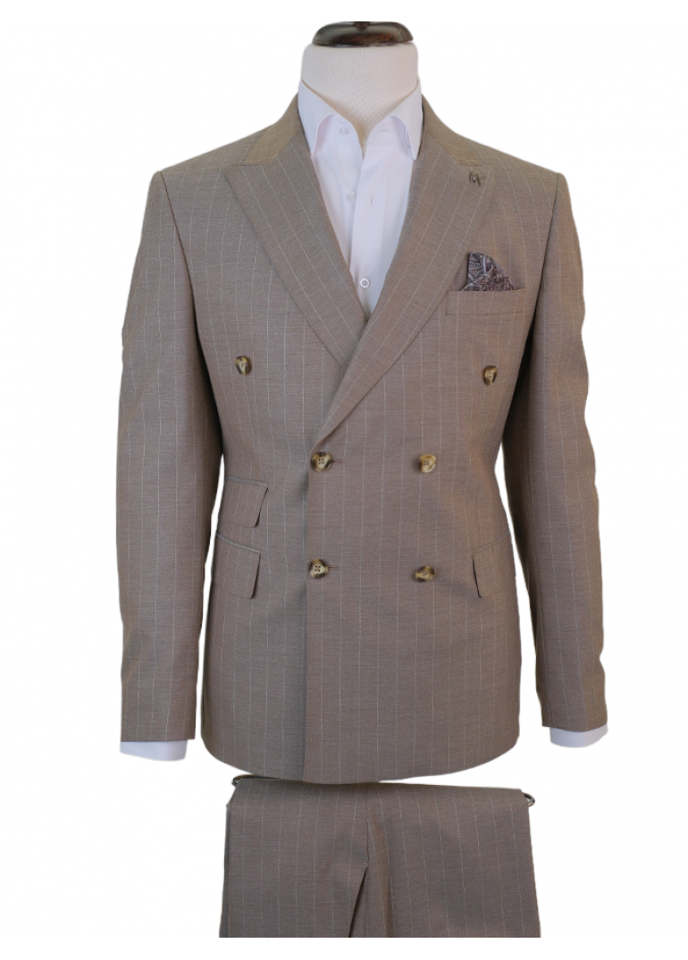 Çift Cep Çizgili Slim Fit Erkek Kruvaze Takım Elbise