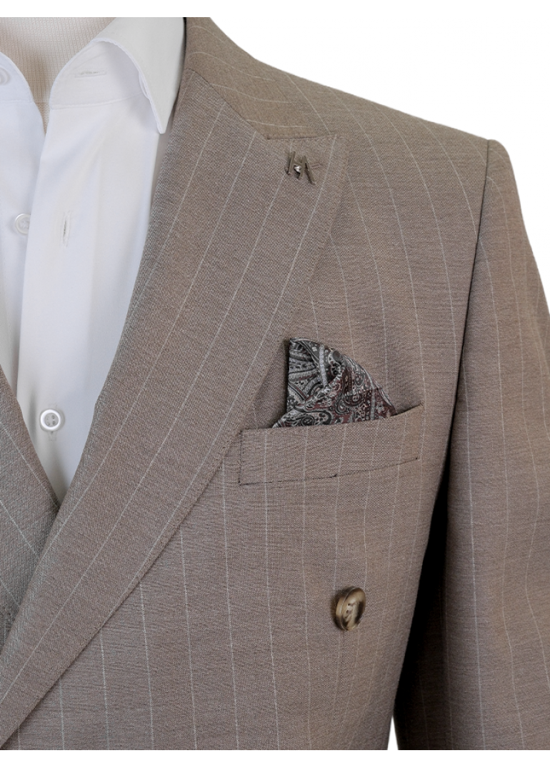 Çift Cep Çizgili Slim Fit Erkek Kruvaze Takım Elbise