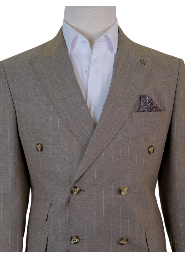Çift Cep Çizgili Slim Fit Erkek Kruvaze Takım Elbise