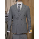 Yün Çizgili Kruvaze Gri Slim Fit Erkek Takım Elbise