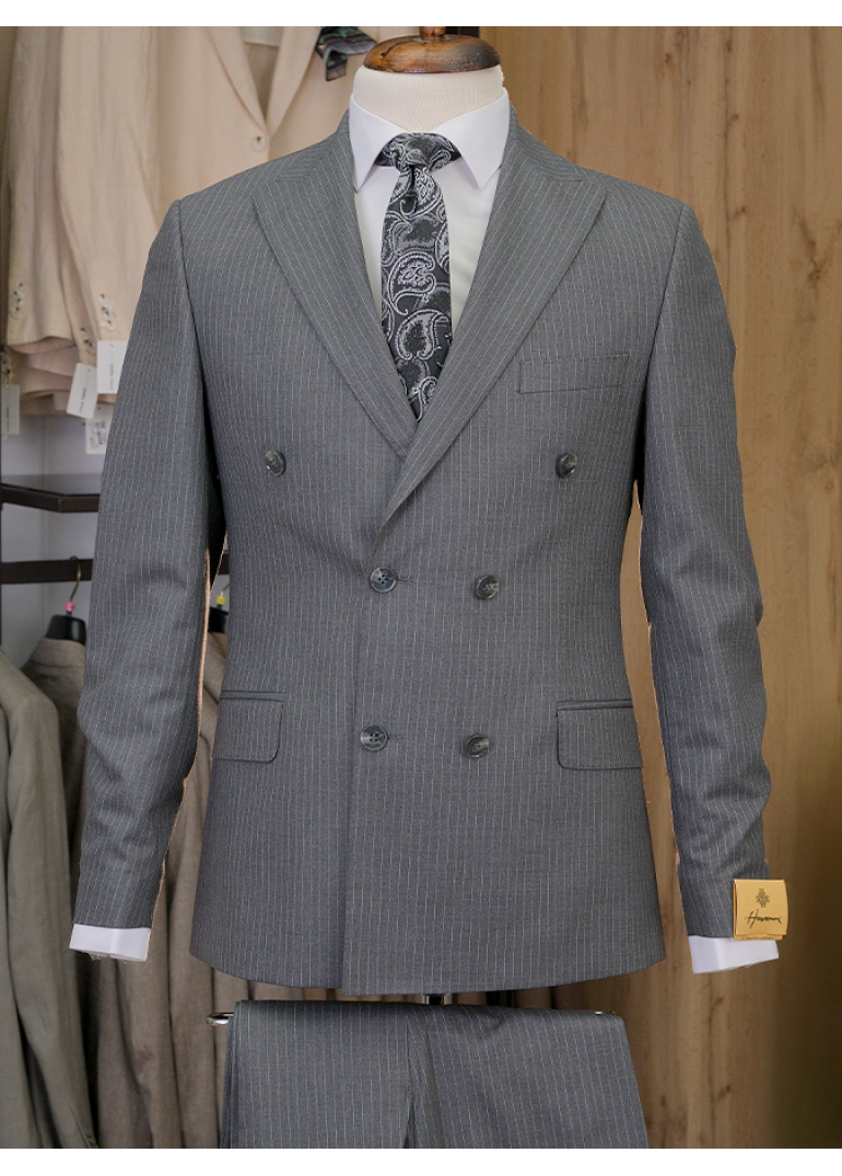 Yün Çizgili Kruvaze Gri Slim Fit Erkek Takım Elbise