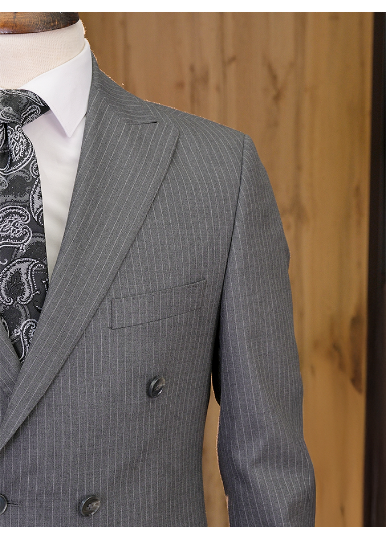 Yün Çizgili Kruvaze Gri Slim Fit Erkek Takım Elbise