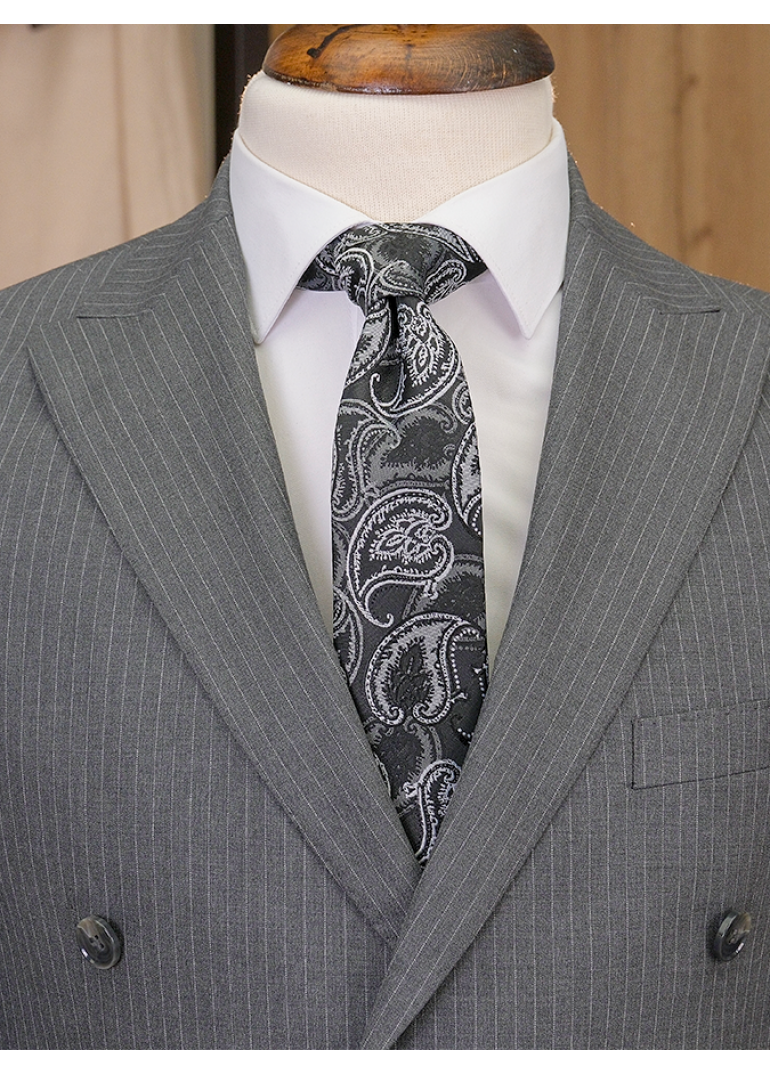 Yün Çizgili Kruvaze Gri Slim Fit Erkek Takım Elbise