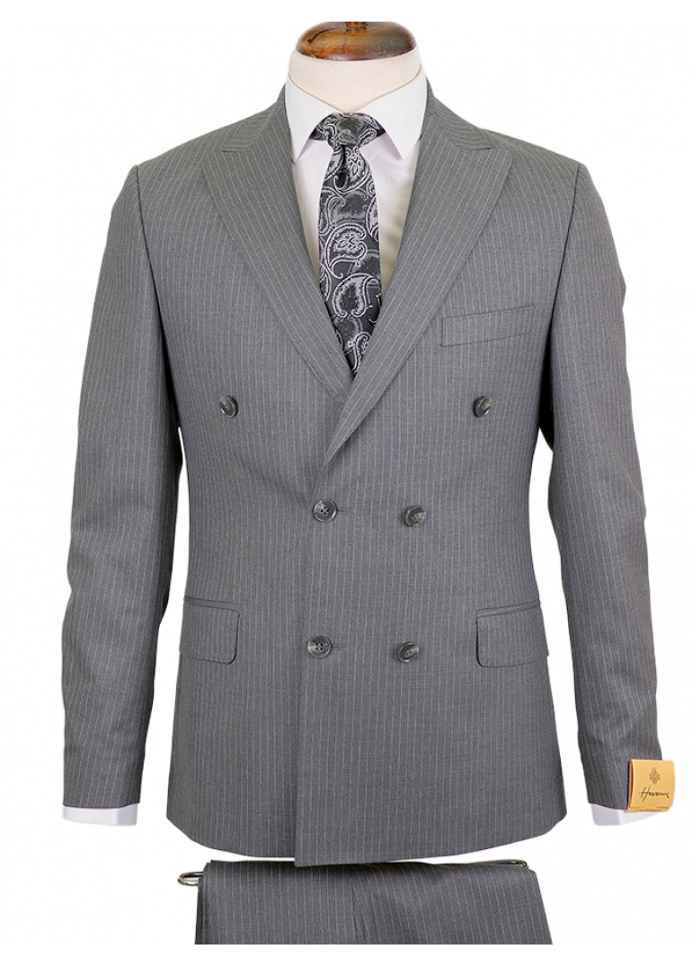 Yün Çizgili Kruvaze Gri Slim Fit Erkek Takım Elbise