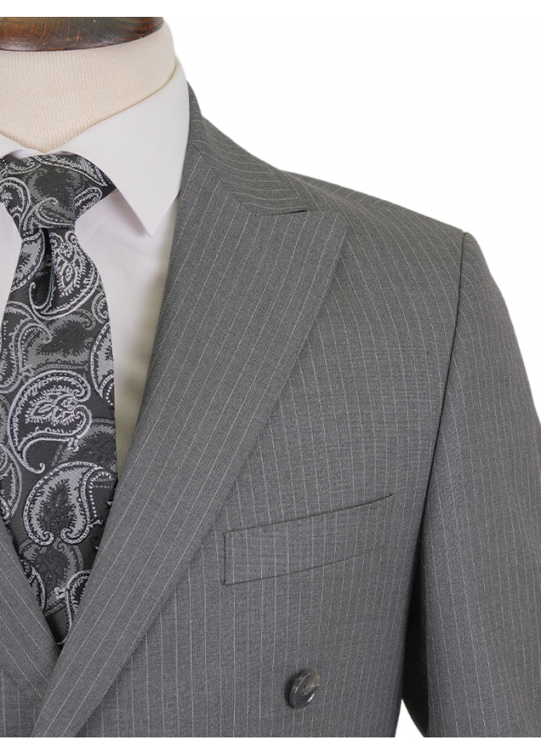 Yün Çizgili Kruvaze Gri Slim Fit Erkek Takım Elbise