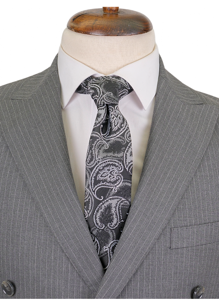 Yün Çizgili Kruvaze Gri Slim Fit Erkek Takım Elbise