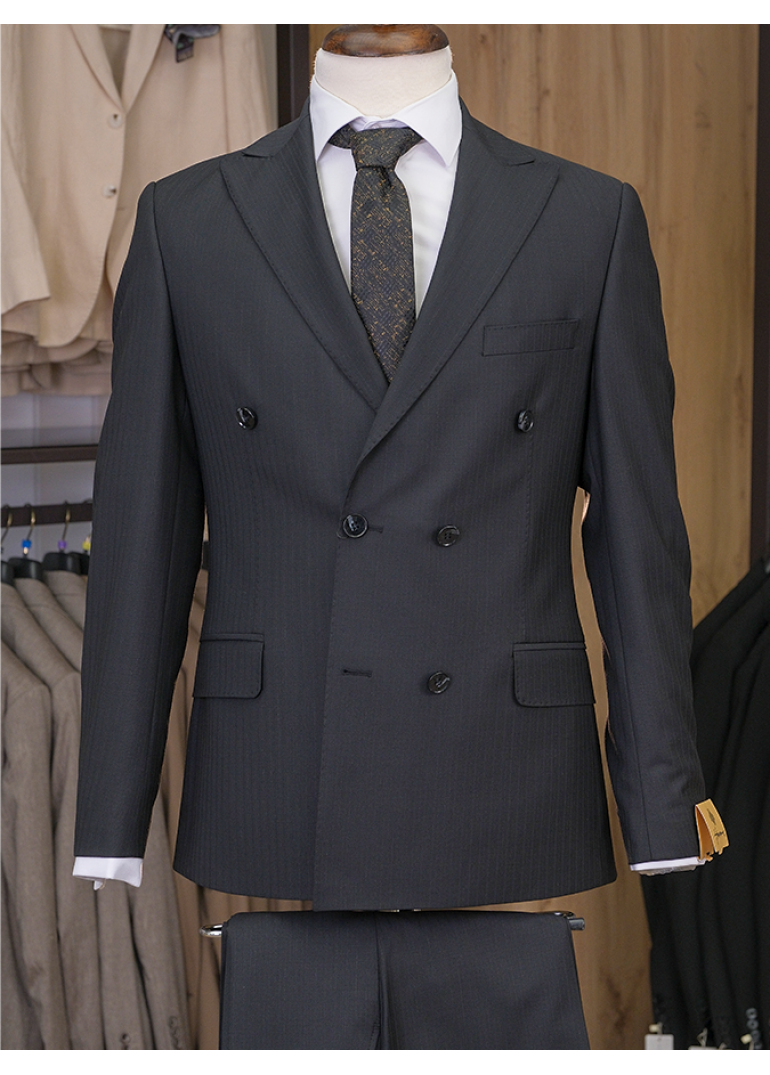 Yün Çizgili Kruvaze Siyah Slim Fit Erkek Takım Elbise