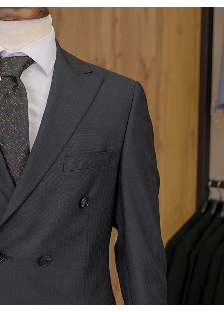 Yün Çizgili Kruvaze Siyah Slim Fit Erkek Takım Elbise