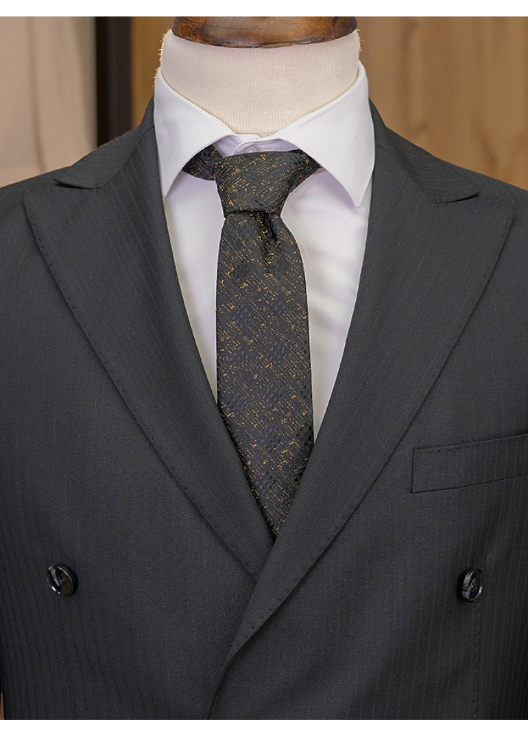 Yün Çizgili Kruvaze Siyah Slim Fit Erkek Takım Elbise