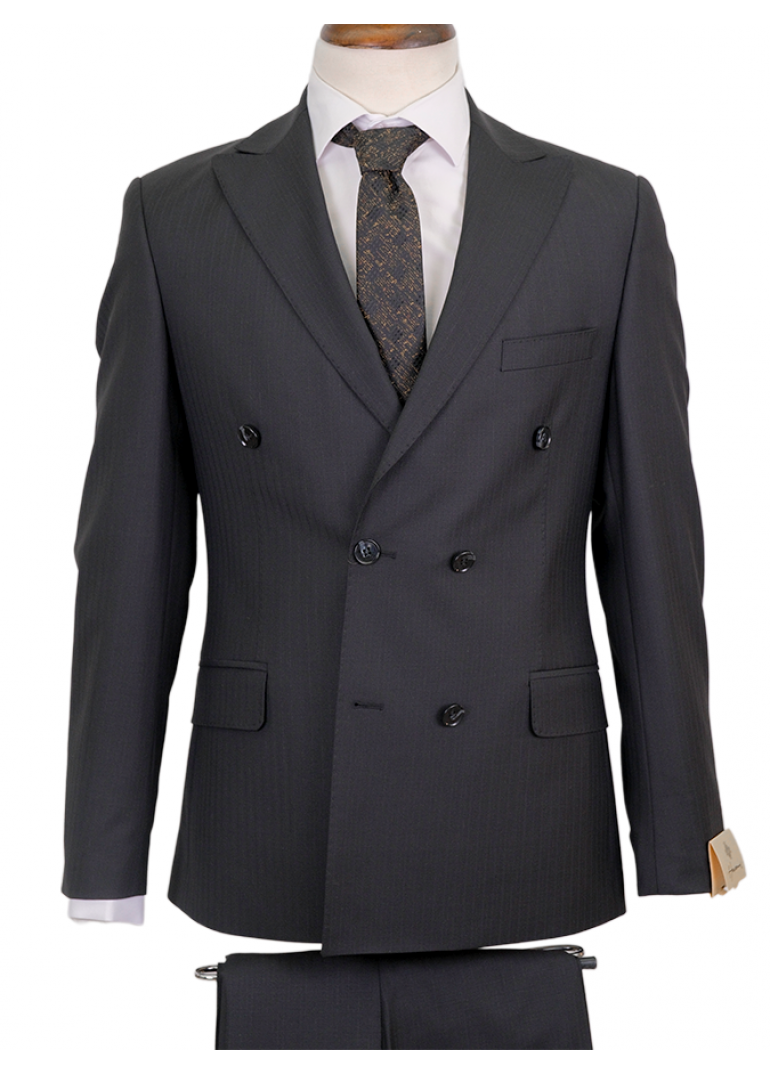 Yün Çizgili Kruvaze Siyah Slim Fit Erkek Takım Elbise