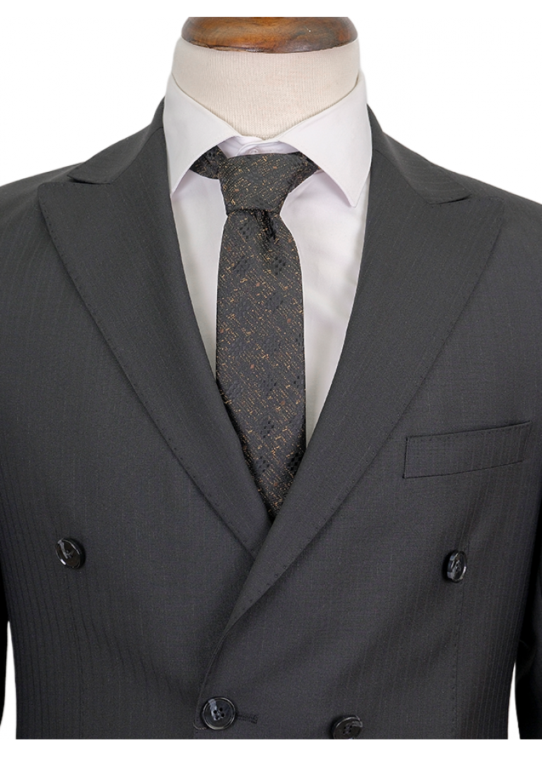 Yün Çizgili Kruvaze Siyah Slim Fit Erkek Takım Elbise