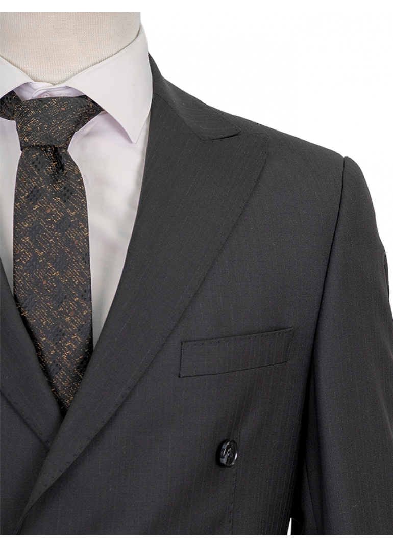Yün Çizgili Kruvaze Siyah Slim Fit Erkek Takım Elbise