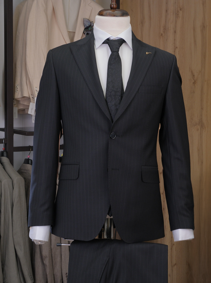 Wool Çizgili Takım Elbise Siyah