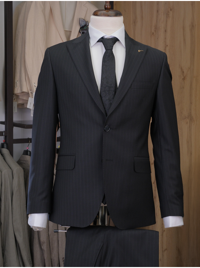 Wool Çizgili Takım Elbise Siyah