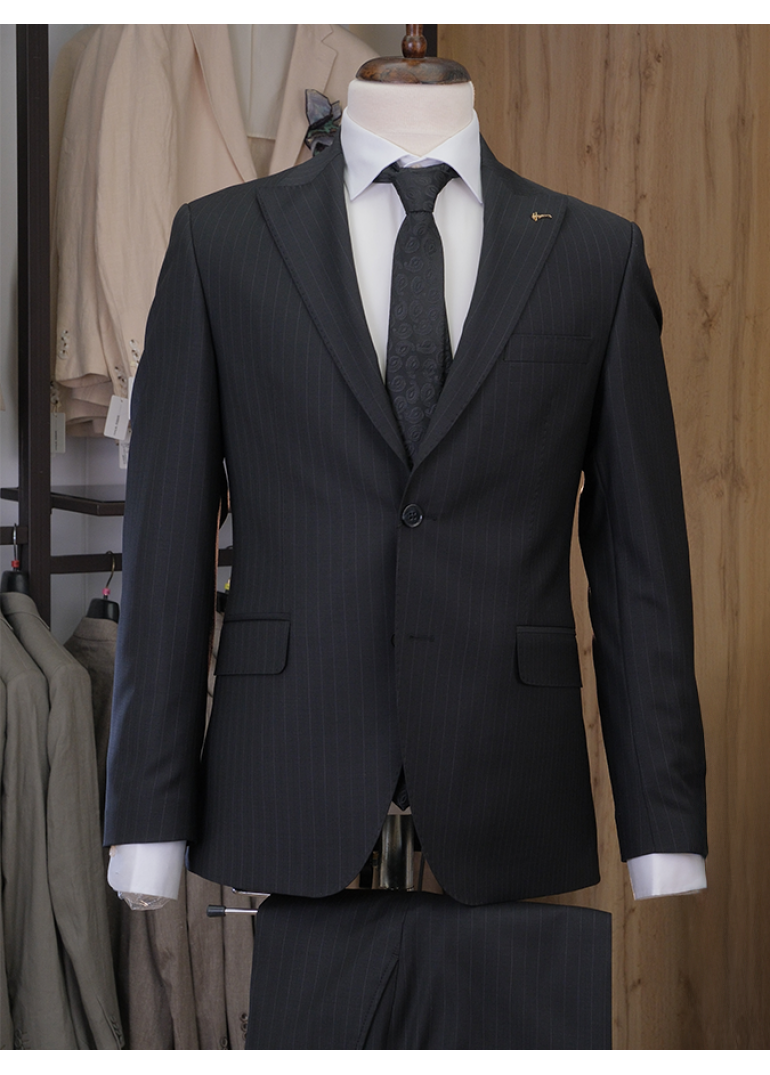 Çizgili Siyah Slim Fit Erkek Takım Elbise