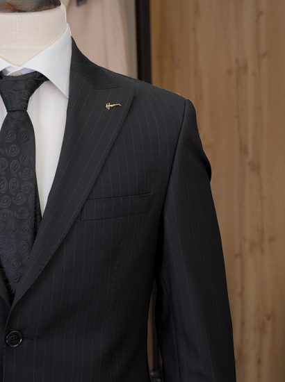 Wool Çizgili Takım Elbise Siyah