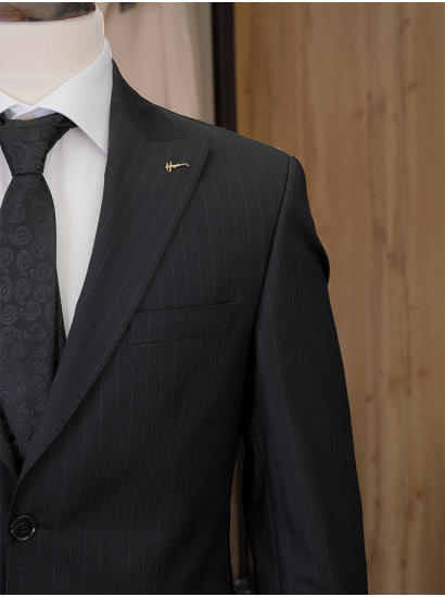 Wool Çizgili Takım Elbise Siyah