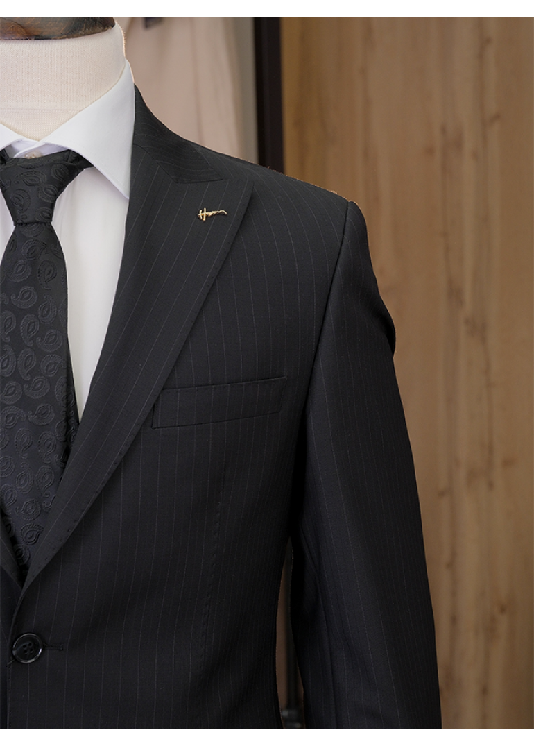 Çizgili Siyah Slim Fit Erkek Takım Elbise