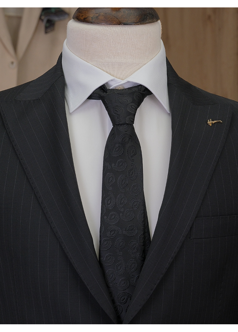 Çizgili Siyah Slim Fit Erkek Takım Elbise