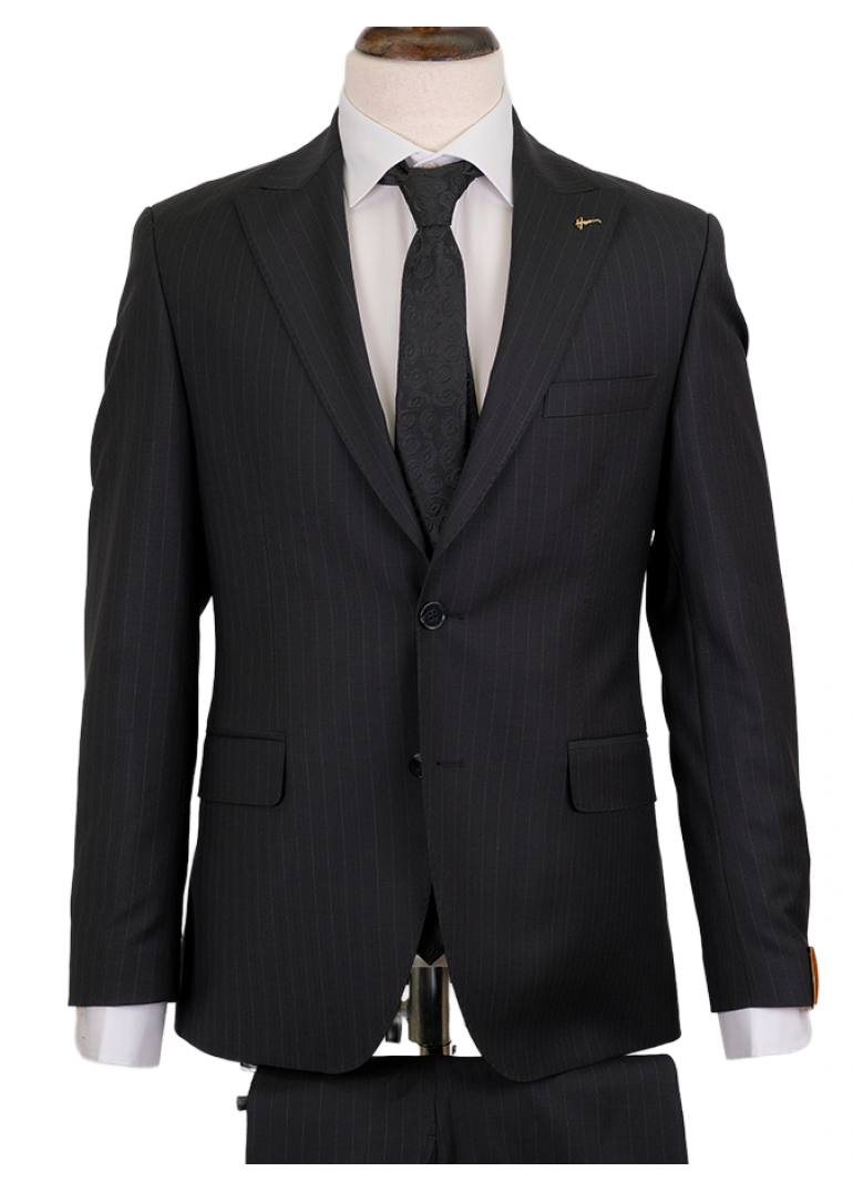 Çizgili Siyah Slim Fit Erkek Takım Elbise