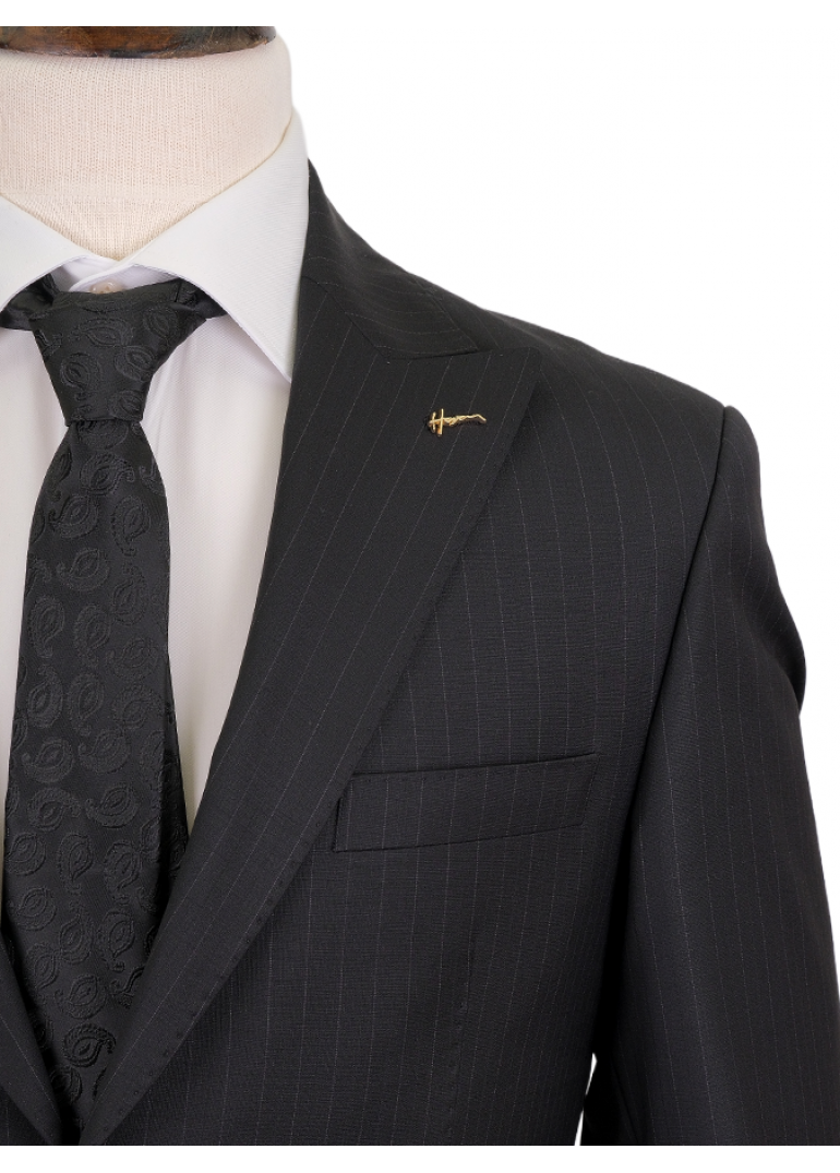 Çizgili Siyah Slim Fit Erkek Takım Elbise
